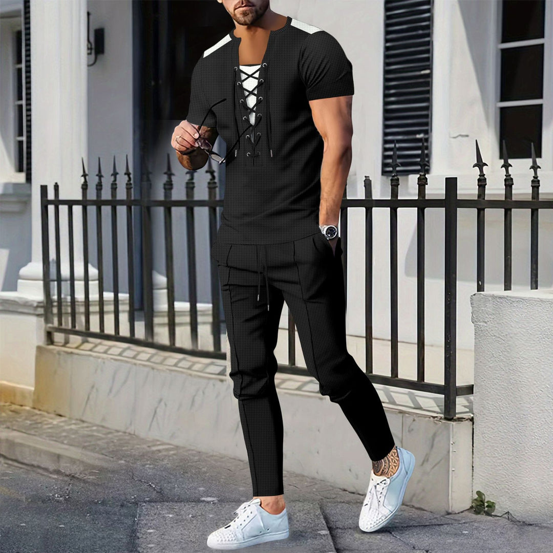 Herren modisches Kurzarm-Henley-T-Shirt mit strukturiertem Design und dekorativer Schnürung EB