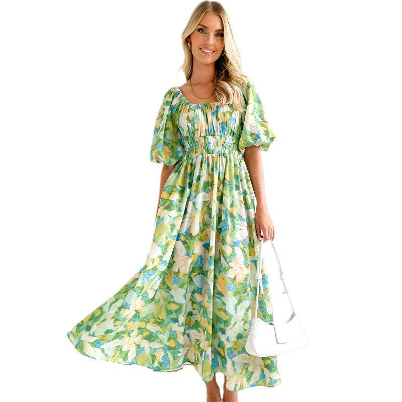Damen Maxikleid mit luftigen Puffärmeln und floralem Design EB