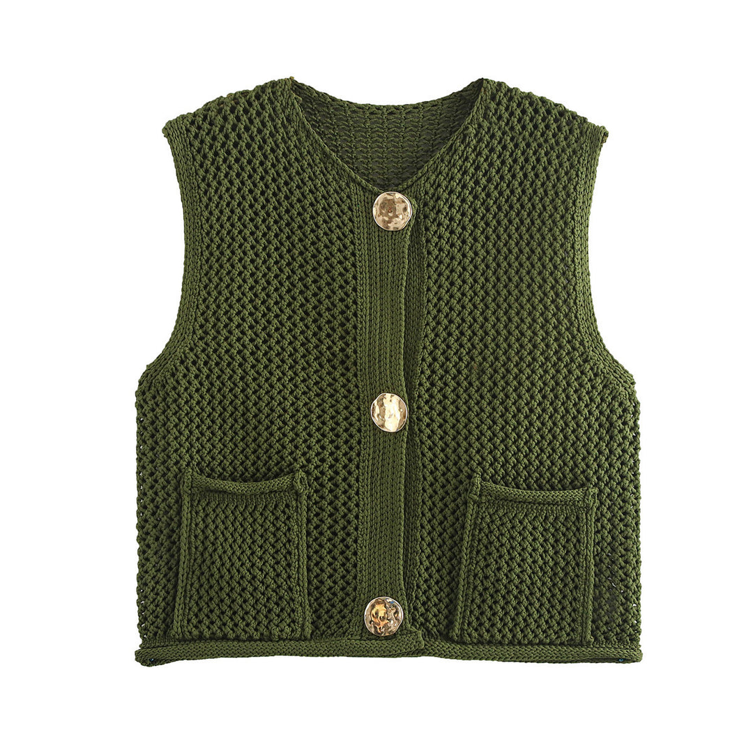 Damen Strickweste mit dekorativen Knöpfen und Taschen EB