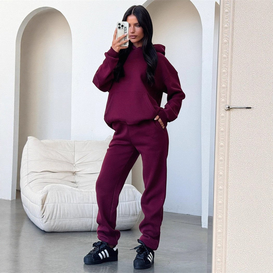 Damen Loungewear-Set mit oversized Kapuzenpullover und hochgeschnittener Kordelzug-Jogginghose aus Baumwollmischung EB