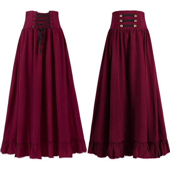 Damen nan langer Highwaist Rock mit Korsettbund, Volantsaum und dekorativen Knöpfen Eb
