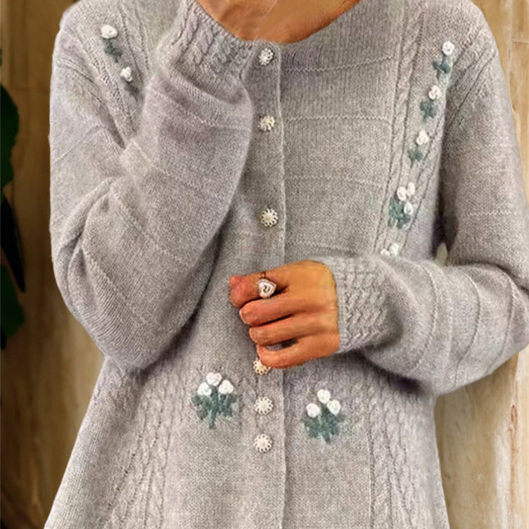 Damen nan Strickcardigan mit floraler Reliefstickerei und Zopfmuster EB