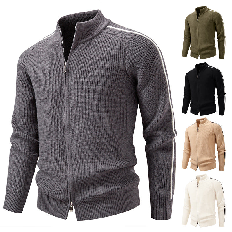 Herren nan Reißverschluss-Strickjacke mit Stehkragen, strukturierter Rippenoptik und kontraststreifen EB