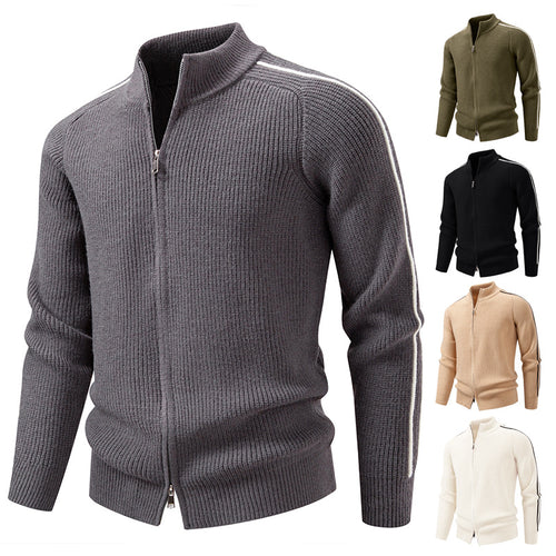 Herren nan Reißverschluss-Strickjacke mit Stehkragen, strukturierter Rippenoptik und kontraststreifen EB