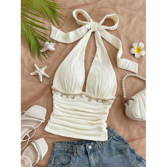 Damen Hochflexibles Crop-Top mit nahtlosem Design und Rüschen EB