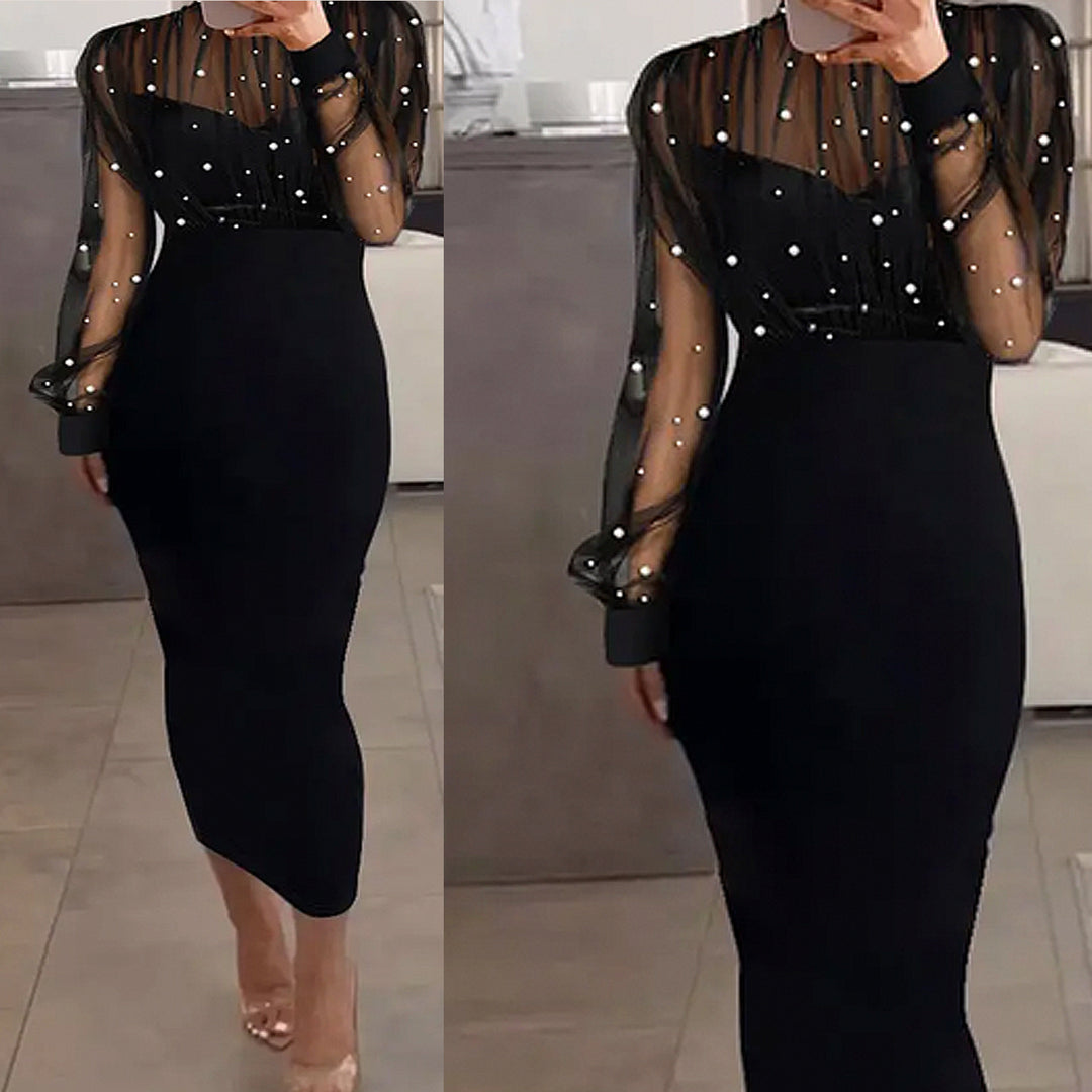 Damen Elegantes Abendkleid mit transparenten Ärmeln und Perlendetails EB