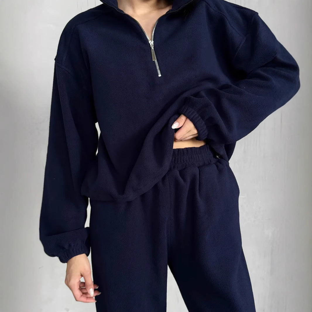 Damen lässiges Fleece-Jogginganzug Set mit Stehkragen und halbhohem Reißverschluss EB