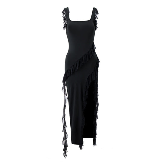 Damen Maxikleid mit voluminösen Rüschen und asymmetrischem Saum EB
