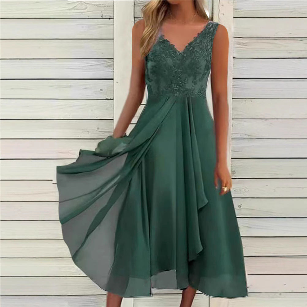 Damen nan elegantes Abend-Midikleid mit bestickter Spitzen-Büste, taillierter Drapierung und fließendem Lagenrock EB