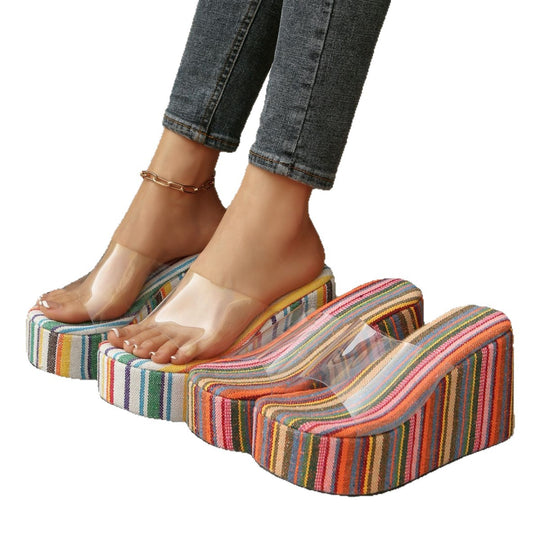 Damen Plattform-Sandalen mit transparenter Riemen und buntem Streifendesign EB