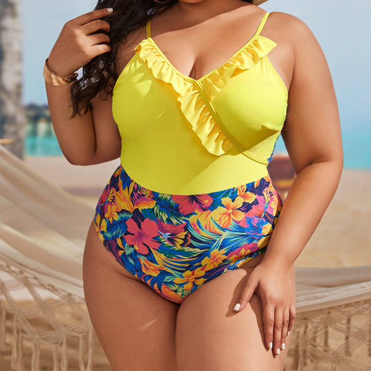 Damen Einteiliger Badeanzug mit floralem Wickeldetail und Rüschen EB