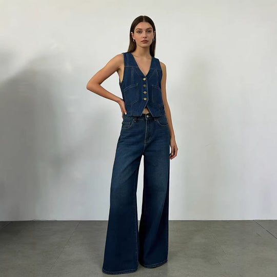 Damen lässige Denim-Weste mit Knopfdetails und aufgesetzten Taschen EB