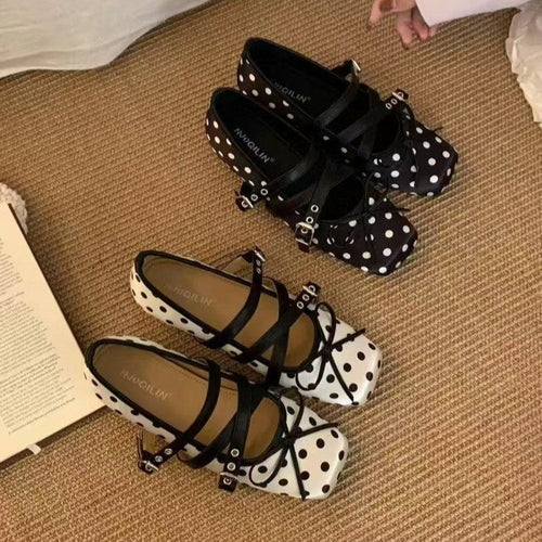 Damen Ballerina-Pumps mit modischem Riemchen und kontrastierendem Punkten-Design EB