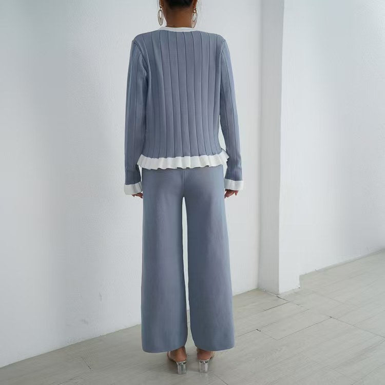 Damen elegantes Strick-Loungewear-Set mit dekorativen Details EB