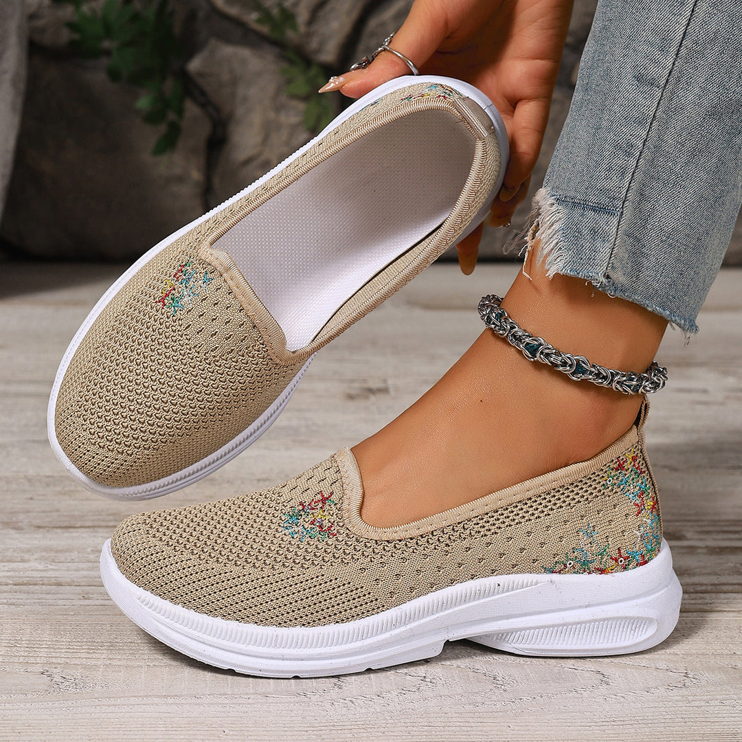 Damen Bequeme Slip-On Schuhe mit atmungsaktiver Strickoberfläche und floralem Muster EB