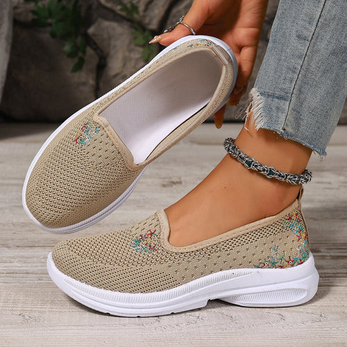 Damen Bequeme Slip-On Schuhe mit atmungsaktiver Strickoberfläche und floralem Muster EB