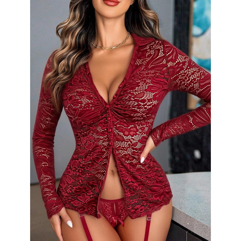 Damen Transparente Spitzenbluse mit knöpfbarem Ausschnitt und langem Arm EB