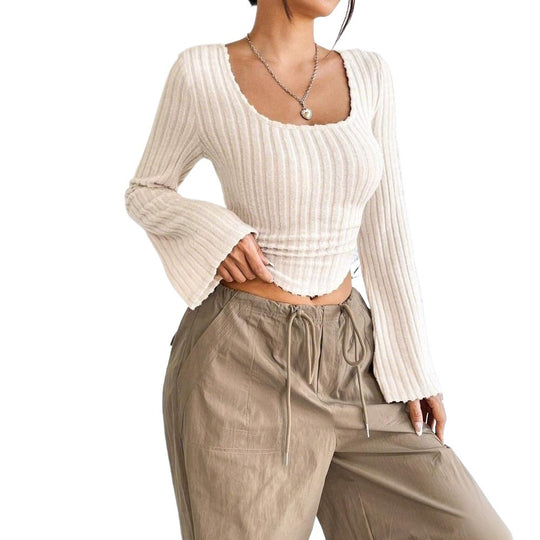 Damen geripptes Crop-Top mit quadratischem Ausschnitt, gewelltem Saum und ausgestellten Ärmeln Eichborn Berlin