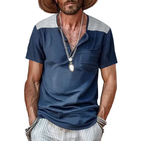 Herren nan Kurzarm-Henleyshirt aus weicher Baumwollmischung mit Brusttasche und Schulterblende EB