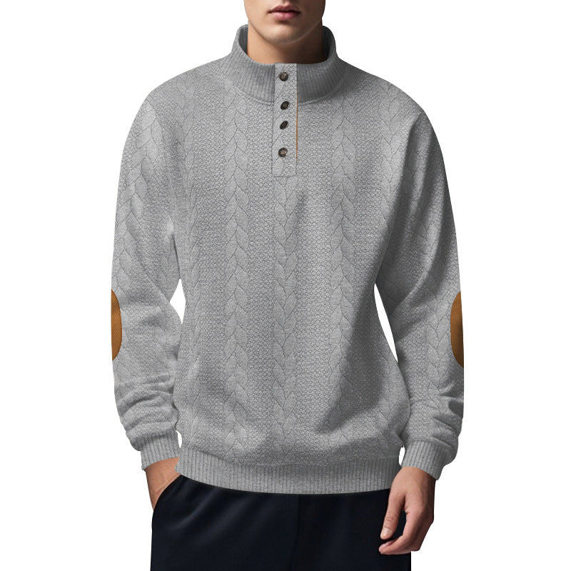 Herren nan strukturiertes Kabelstrick-Henley-Pullover mit Stehkragen und Ellbogenpatches EB
