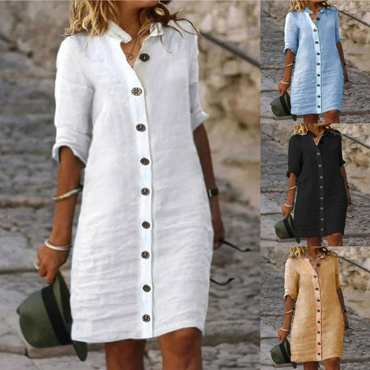 Damen Leinenhemdkleid mit Knopfleiste und umschlagbaren Ärmeln EB