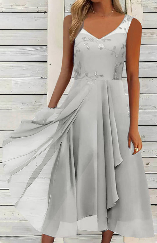 Damen nan A-Linien-Chiffonkleid mit floralem Stickoberteil, V-Ausschnitt, drapiertem Godet-Schwung und verdeckten Seitentaschen EB