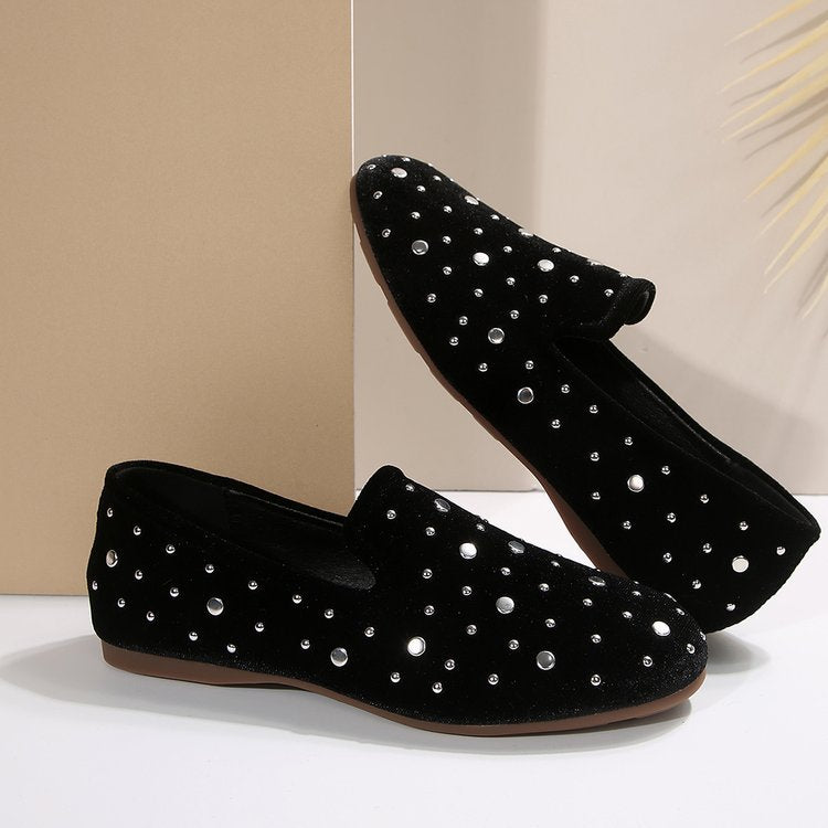 Damen Slip-On Mokassins mit funkelnder Strass-Applikation und eleganter Samtoberfläche EB