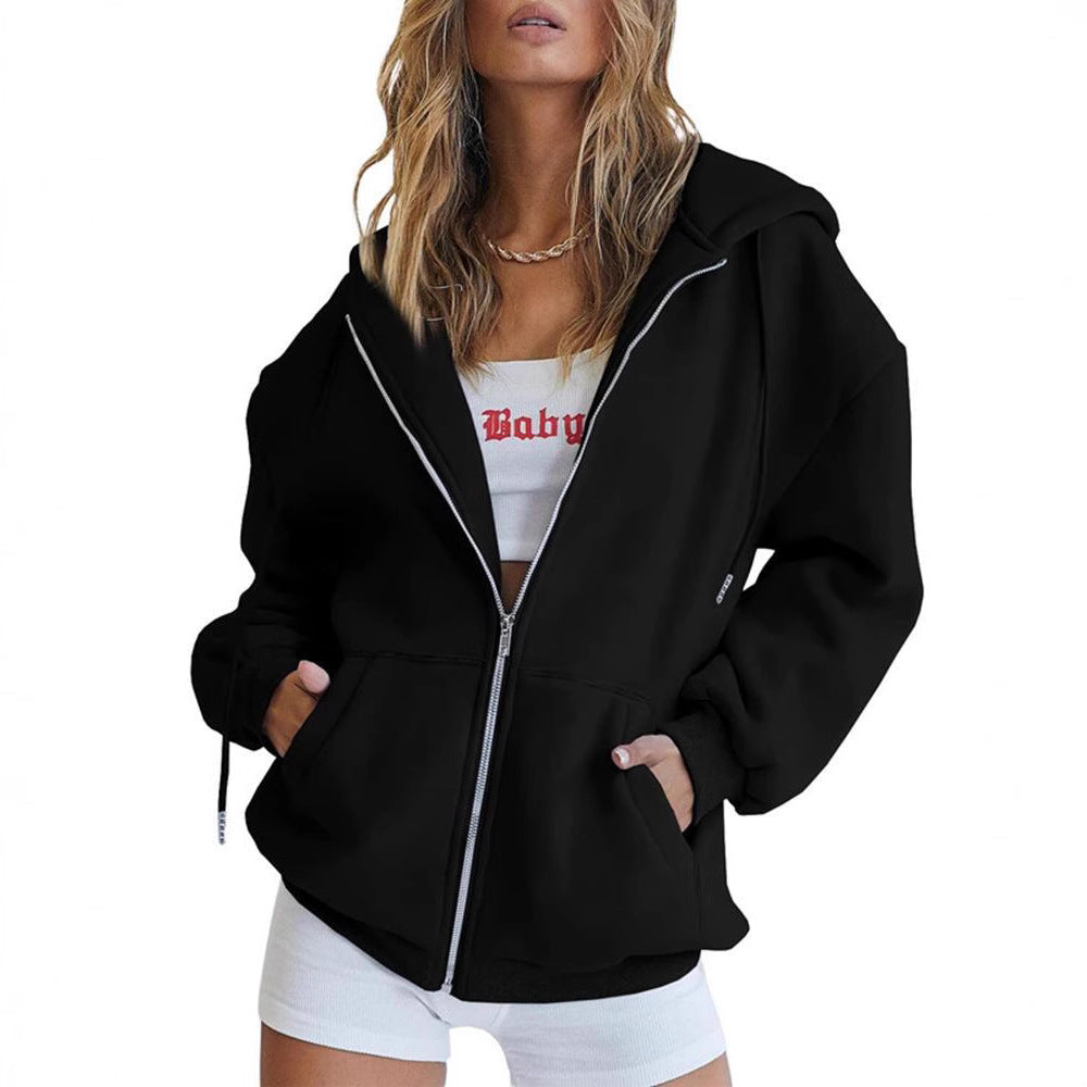 Damen nan Oversize-Zip-Hoodie mit Kapuze Kängurutaschen und weichem French-Terry EB