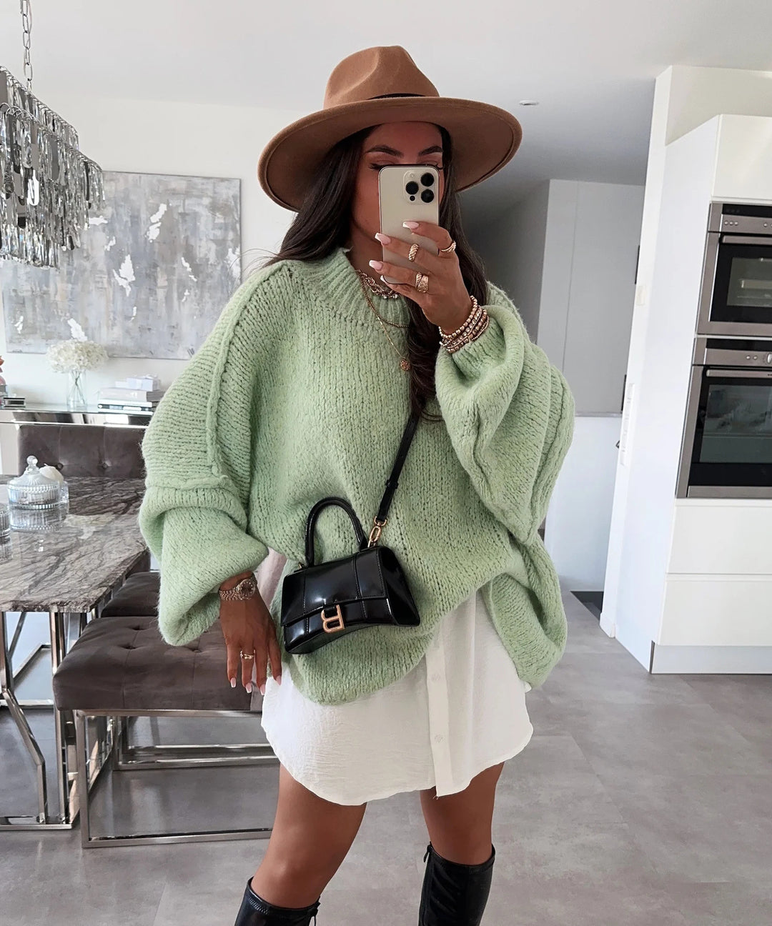 Damen lässiger Oversize Pullover mit hohen Ärmeln und unkonventionellem Schnitt EB