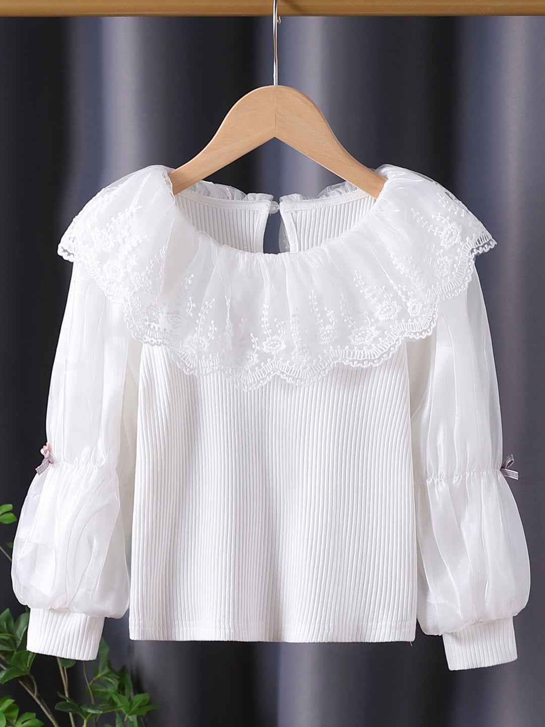 Damen elegante Bluse mit romantischem Spitzenkragen und Rüschendetails EB