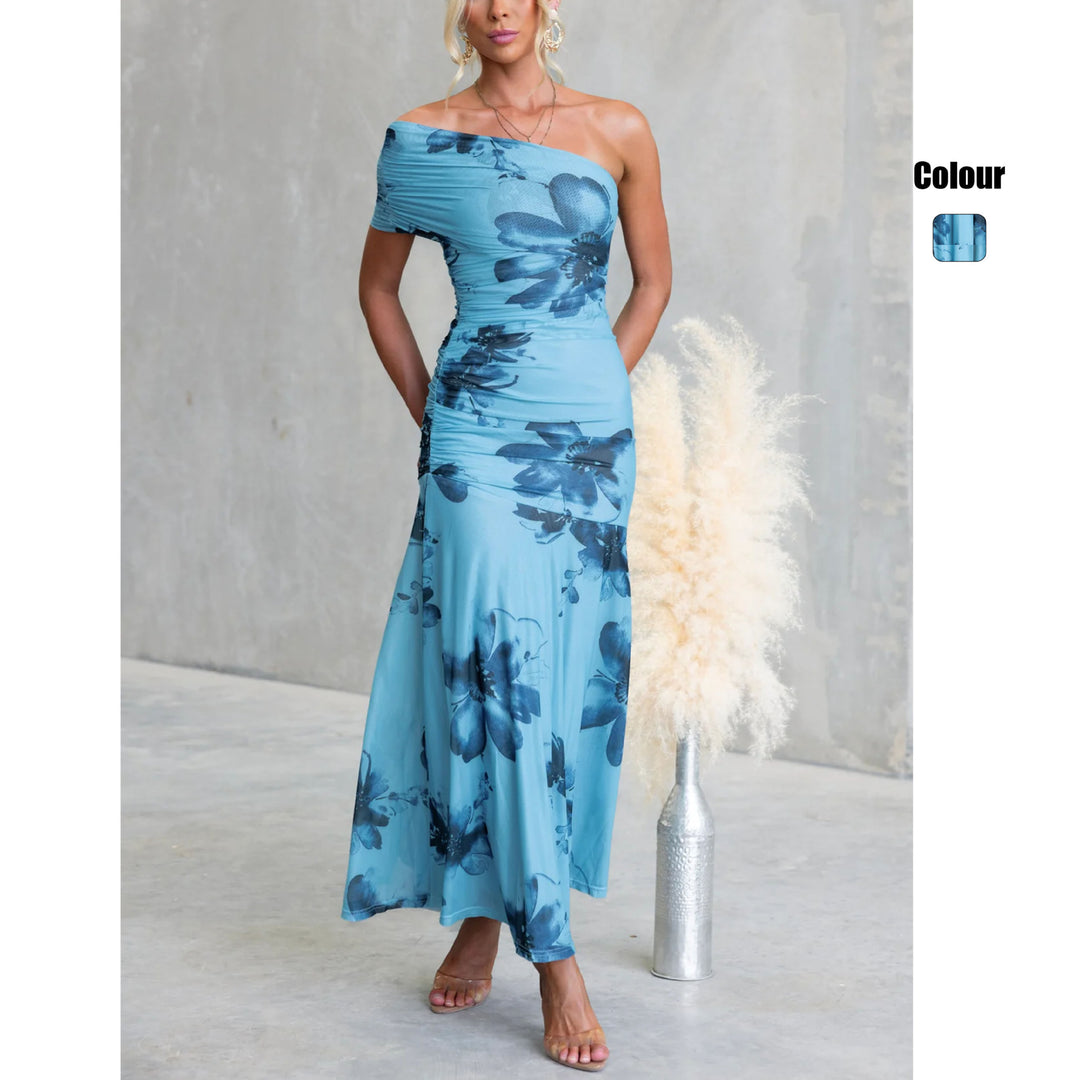 Damen Off-Shoulder Maxikleid mit floralen Akzenten und gerafftem Design EB