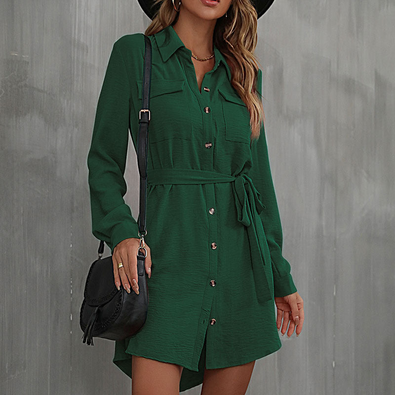 Damen Hemdblusenkleid mit praktischen Taschen und Bindegürtel EB