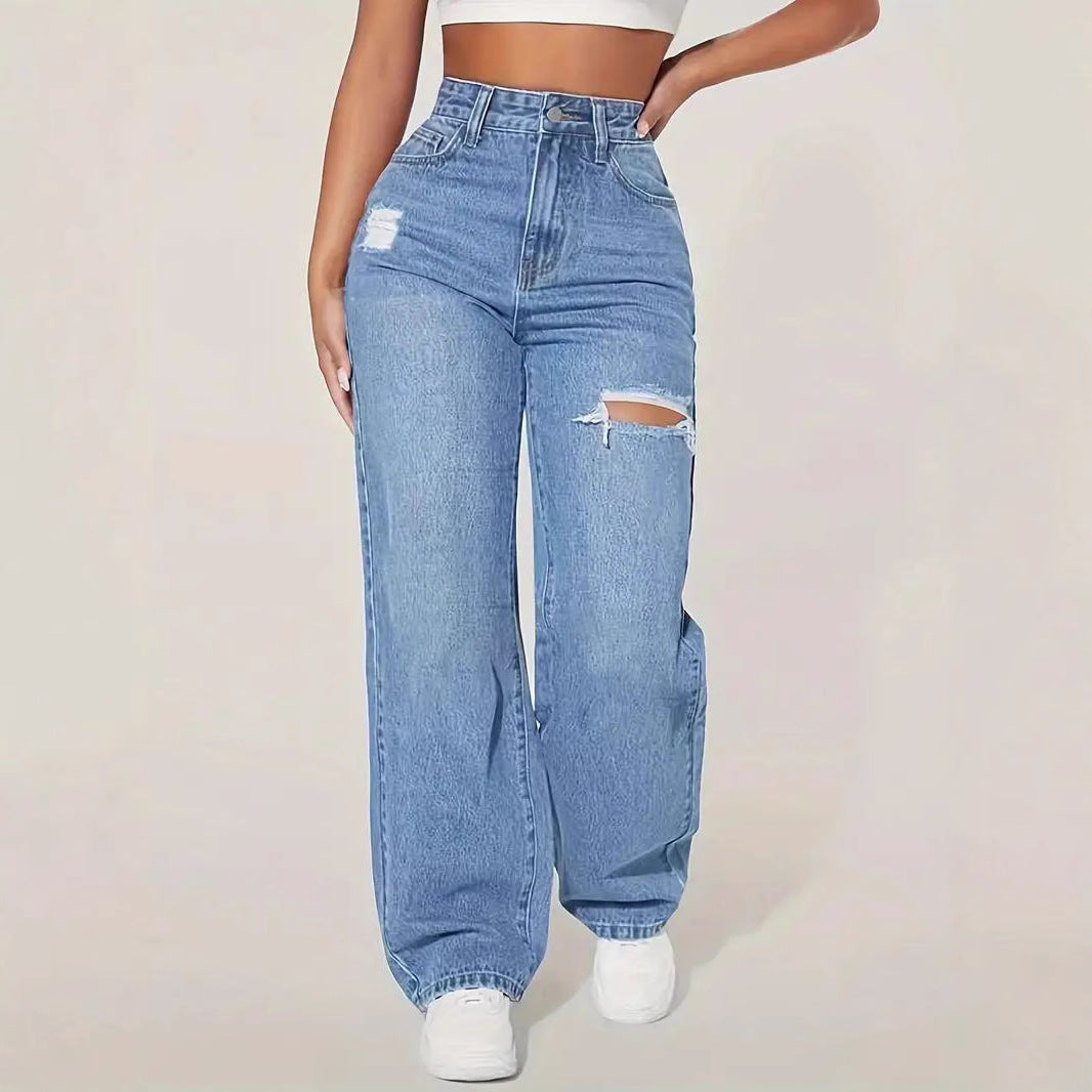 Damen Weite Denim-Hose mit trendigen Rissdetails und hohem Bund EB