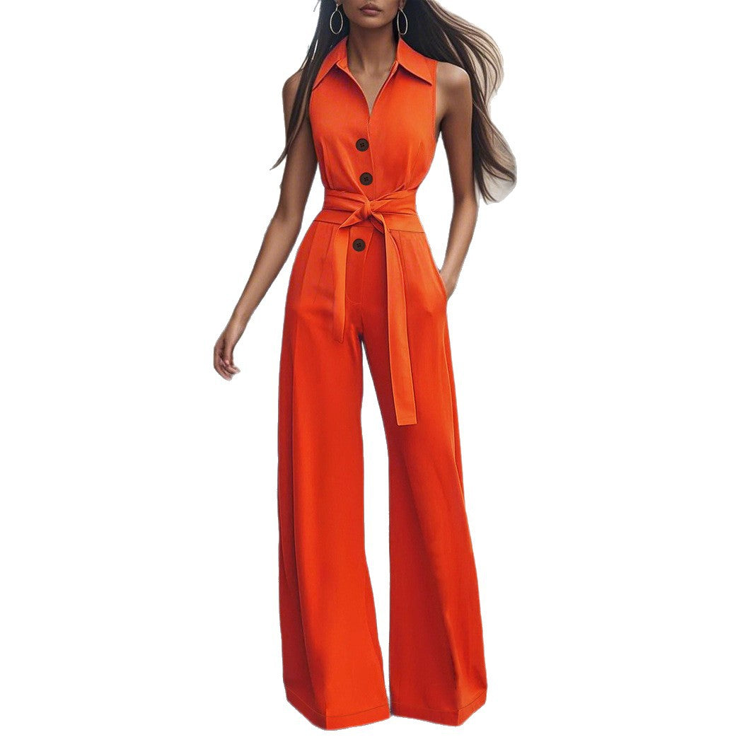 Damen Eleganter Jumpsuit mit schickem Kragen und Taillengürtel EB
