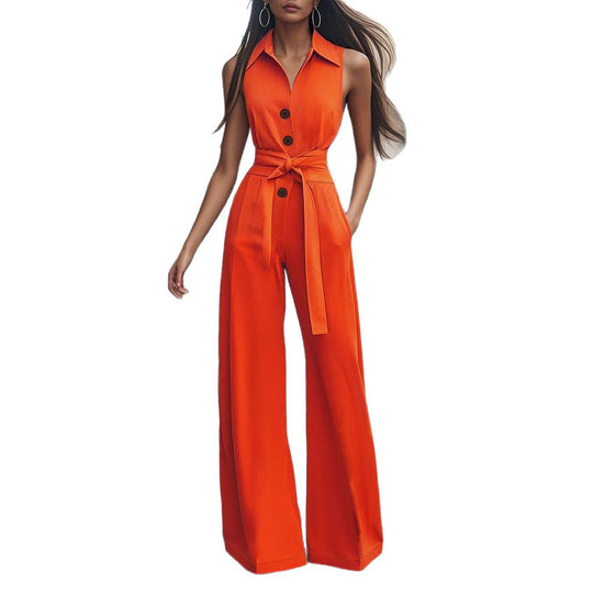 Damen Eleganter Jumpsuit mit schickem Kragen und Taillengürtel EB