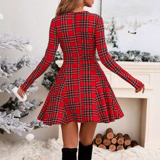 Damen Sweatkleid mit Karomuster und schwingendem Rock EB