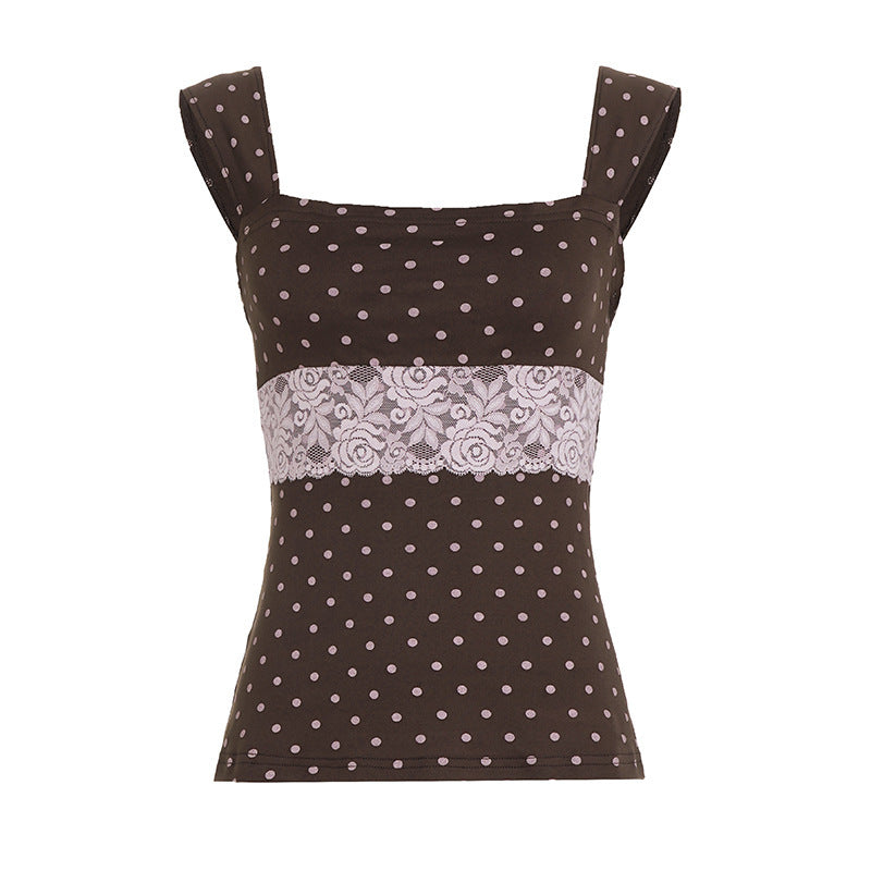 Damen Spaghetti-Trägertop mit Spitzeneinsatz und verspieltem Punktdesign EB
