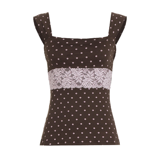 Damen Spaghetti-Trägertop mit Spitzeneinsatz und verspieltem Punktdesign EB
