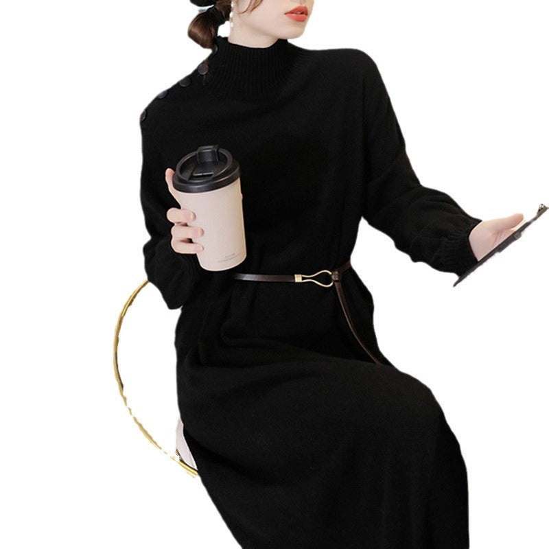 Damen Elegantes Strickmaxikleid mit hochgeschlossenem Kragen und dekorativen Knöpfen EB