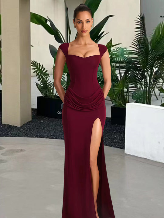 Damen Elegantes Maxikleid mit tiefem V-Ausschnitt und seitlichem Schlitz EB