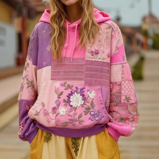 Damen Bestickter Patchwork-Kapuzenpullover mit Blumenapplikation und Kängurutasche EB