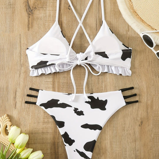 Damen Triangel-Bikini mit franjendetail und verspieltem Kuhmuster EB
