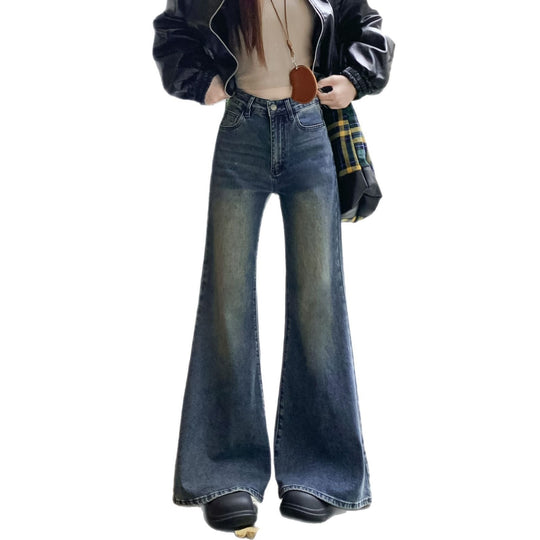Damen weit geschnittene Flared-Jeans mit hohem Bund und modischem Design EB