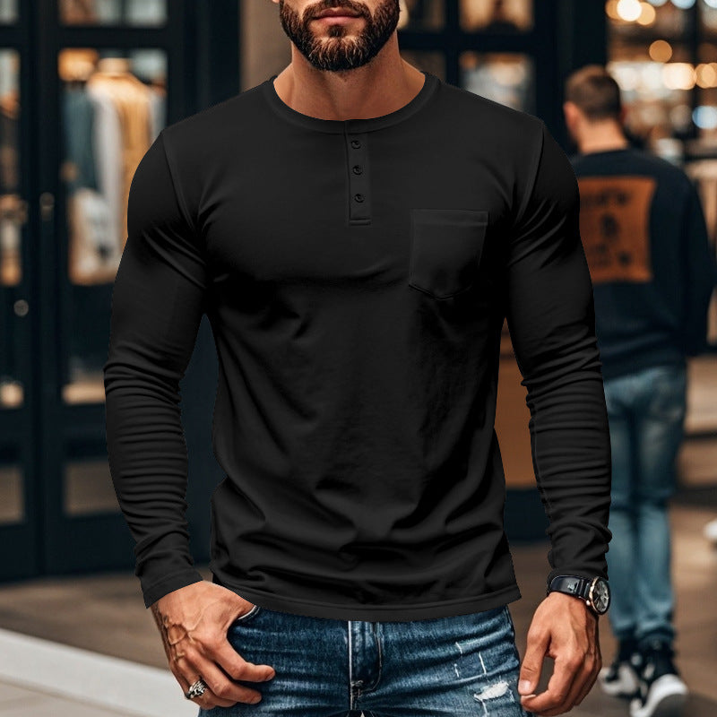 Herren nan figurbetontes Henley-Langarmshirt mit Brusttasche und feinem Stretchjersey EB