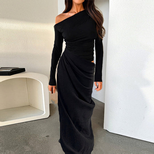 Damen elegantes Wickelkleid mit asymmetrischem Schnitt und langen Ärmeln EB