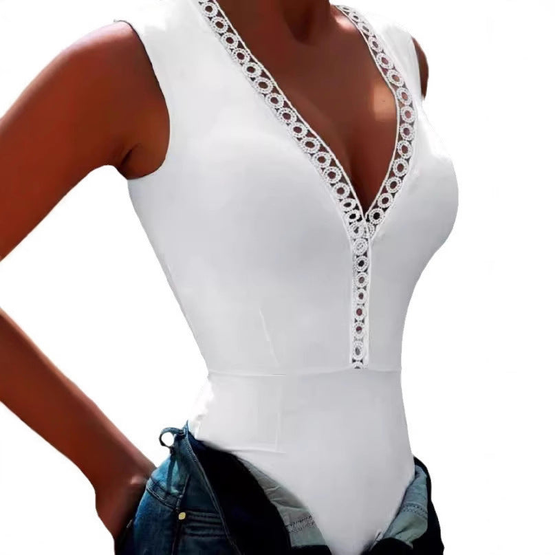 Damen Bodysuit mit dekorativem V-Ausschnitt und Spitzenbesatz EB