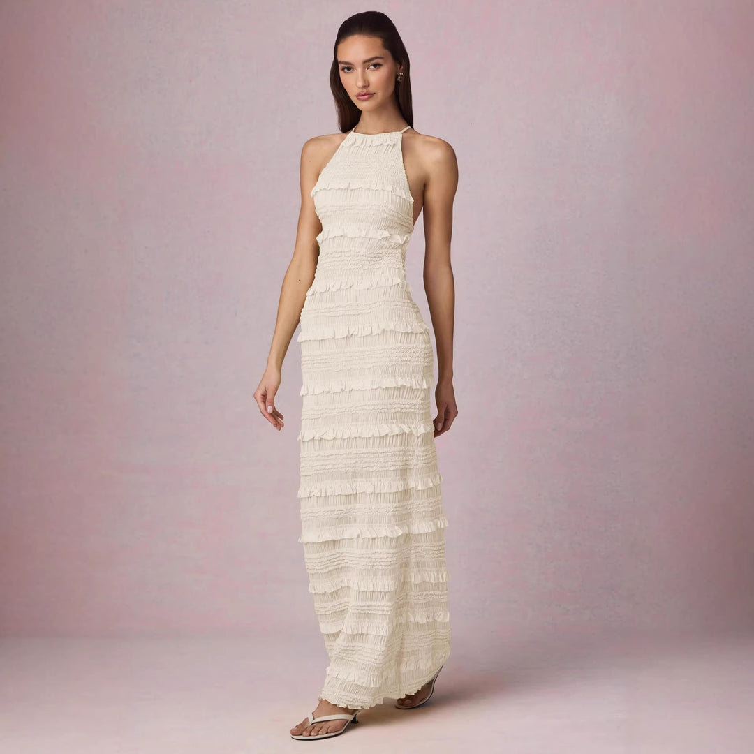 Damen Maxi-Kleid mit fransendem Design und elegantem Halterneck EB