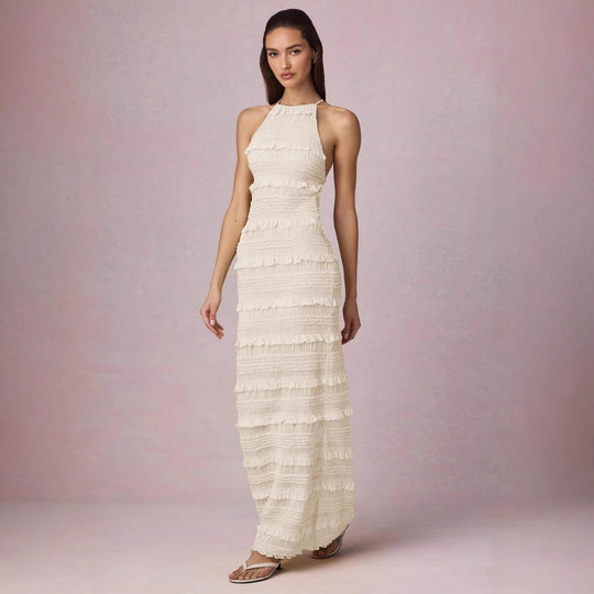 Damen Maxi-Kleid mit fransendem Design und elegantem Halterneck EB