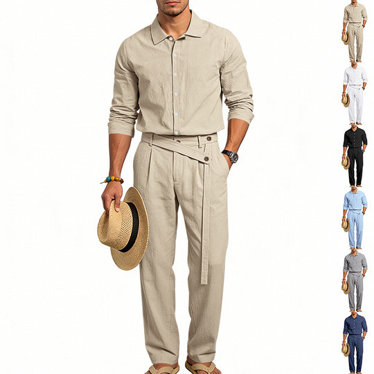 Herren nan eleganter Leinen-Zweiteiler mit Hemd und Hose mit hohem Bund und Bindegürtel EB