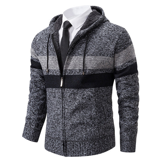 Herren nan gefütterte Kapuzen-Strickjacke mit Teddyfutter, durchgehendem Reißverschluss und kontrastierenden Streifen EB